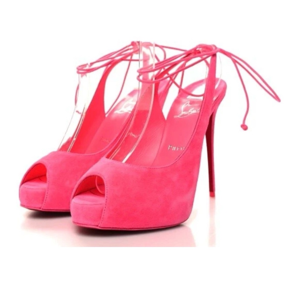 NWT CHRISTIAN LOUBOUTIN Pink Lace Up NVP Suede Peep-toe Sandal EU 39.5 US 8.5 - Picture 5 of 9
